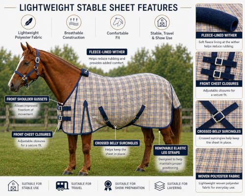 Navy Beige Plaid Horse Stable Sheet with Front Gussets, Lightweight Polyester Sheet for Horses, Travel, Stable & Show Use (Navy Beige Plaid, 76") - size: 76"