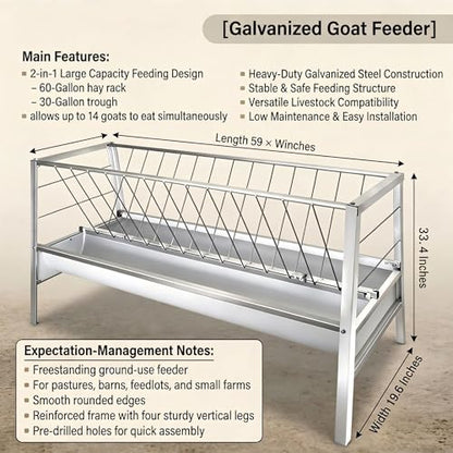 2-in-1 Goat Hay Feeder with Grain Water Pan, 90 Gallon Capacity, 59" Long Rust Resistant Galvanized Livestock Feeding Trough, Heavy Duty Steel for Goats, Sheep, Cow, Horse