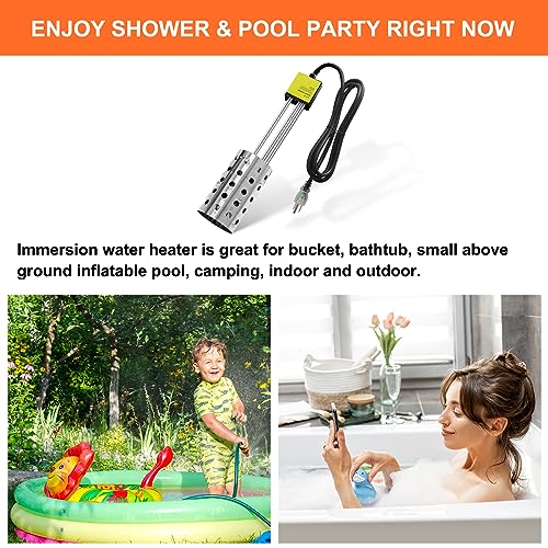 1500W Bucket Heater, Rust Proof Built in Temperature Controller Immersion Water Heater, Heats 5 Gallons of Water in Minutes with Auto Shutoff, for Home Outdoor Camping and Winter Job