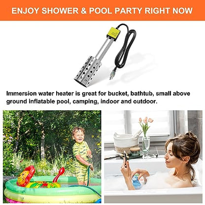 1500W Bucket Heater, Rust Proof Built in Temperature Controller Immersion Water Heater, Heats 5 Gallons of Water in Minutes with Auto Shutoff, for Home Outdoor Camping and Winter Job