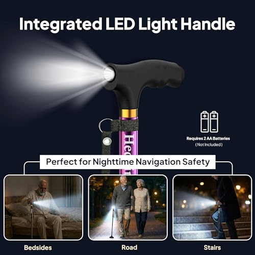 Walking Cane with LED Light, Foldable,Adjustable, Self Standing Walking Canes for Men & Women,Walking Sticks with Quad Base for Seniors & Adults - color: Purple