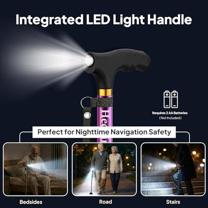 Walking Cane with LED Light, Foldable,Adjustable, Self Standing Walking Canes for Men & Women,Walking Sticks with Quad Base for Seniors & Adults - color: Purple