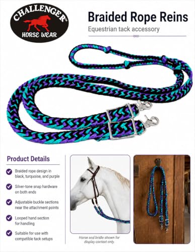 CHALLENGER Horse Western Nylon Braided 8 Ft. Knotted Roping Barrel Reins Purple Teal Orange 60737 - color: Purple / Turquoise / Black