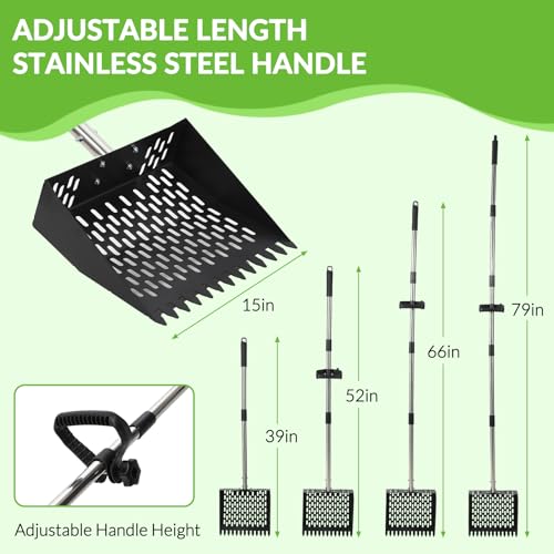 Garvee 9.8'' Chicken Poop Scooper and Rake, 2-in-1 Metal Chicken Coop Scoop with 24'' to 68.9'' Adjustable Stainless Steel Handle, Multifunctional Sifting Shovel for Coops and Small Farm Animals