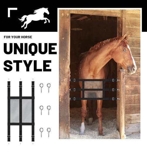 Horse Stall Guard, 57 x 18 Inch Adjustable Nylon Black Mesh Gate for Horses
