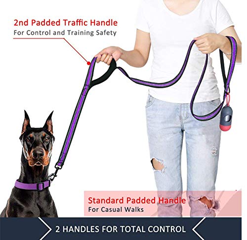 JSXD Heavy Duty Double Handle Dog Leash - 5 FT with Comfortable Padded and Reflective Rope, for Small to Large Dogs (Wide-Purple) - color: Wide-Purple