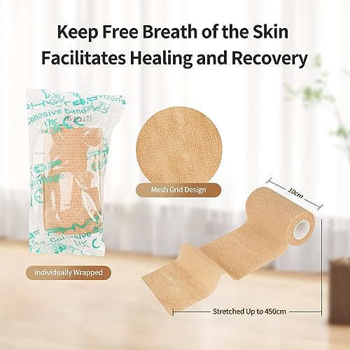 Self Adhesive Bandage Wrap - 4 Inch x 5 Yards, 12 Pack | Cohesive Tape for Sports Support & Vet Wrap for Dogs, Horses, Pets | Breathable & Painless Removal (Beige)