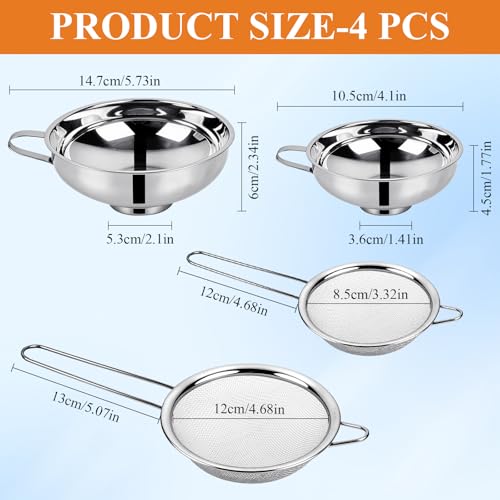 Supkiir 4 Pcs Stainless Steel Funnels with Fine Mesh Strainer, 1.4 Inch/2.1 Inch Stainless Steel Funnel for Kitchen Use, Wide & Narrow Mouth Canning Funnels Set for Spices Juices Powders Coffee Beans