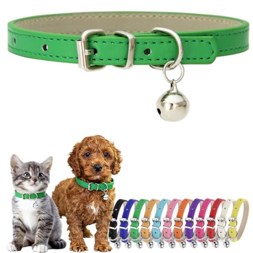 XXS Dog Collar with Bell, PU Leather Male Puppy Collar with Bells Green - color: Green, size: XXS (5-8 inches)