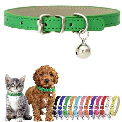 XXS Dog Collar with Bell, PU Leather Male Puppy Collar with Bells Green - color: Green, size: XXS (5-8 inches)