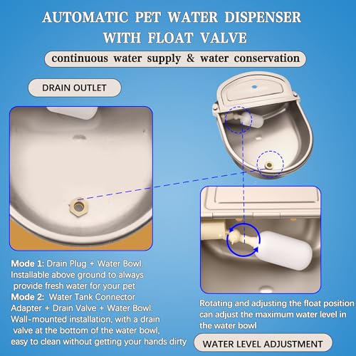Automatic Dog Water Dispenser with Drain Hole & Drain Valve, Stainless Steel Auto Dog Water Bowl with 2 Float Valves, Hose Quick Connect Fitting, for Livestock, Chicken, Horse (3 Gallons) - size: 3 Gallons