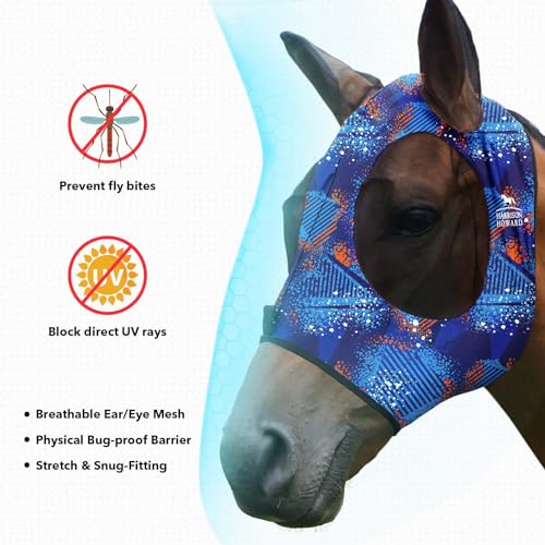 Harrison Howard Super Comfort Stretchy Fly Mask Large Eye Space with UV Protection Soft on Skin with Breathability Chic Blue M Cob - color: Chic Blue, size: Cob (Medium)