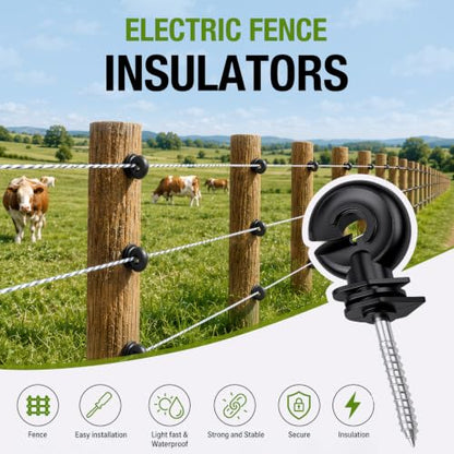 Electric Fence Insulators 50Pcs, Self-Tapping Screw-in Ring Insulators for Wood Posts, PP+PE Composite Material Fits 8-30 Gauge Wire/Tape/Rope, Heavy Duty Ranch Fencing Kit