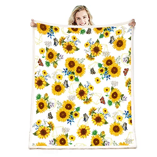 Sunflower Throw Blanket, Sunflower Gifts - Warm Soft Sherpa Thick Blanket (White, 60"x80") - color: White, size: 60"x80"