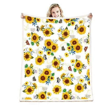 Sunflower Throw Blanket, Sunflower Gifts - Warm Soft Sherpa Thick Blanket (White, 60"x80") - color: White, size: 60"x80"