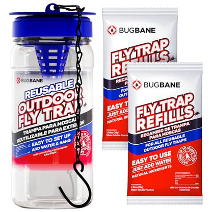 1 Reusable Outdoor Fly Trap with Chains with 8 Non-Toxic Dissolvable Bait Refills