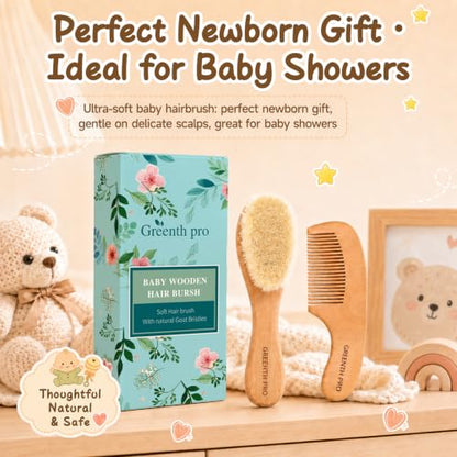 GREENTH PRO Baby Hair Bush and Comb Set -Nature Lotus Wood with Soft Goat Bristle and Pear Wood Comb for Newborns & Toddlers, Ideal for Cradle Cap