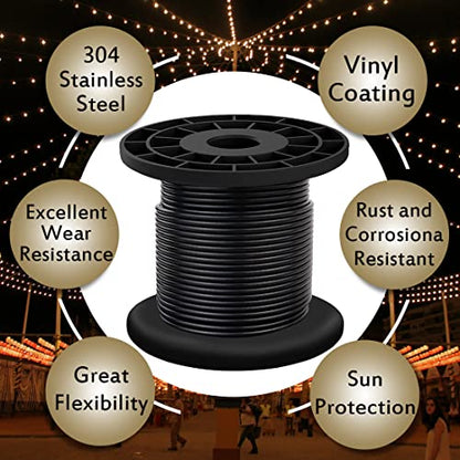 304 Stainless Steel Wire Rope Cable 3/32, Black Vinyl Coated - Outdoor Light Guide Wire for String Lights, Clotheslines - 1/16 Inch Overmolded to 3/32 Inch, 100ft - size: 100FT