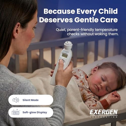 Exergen TAT-2000C+ Temporal Artery Thermometer, White, 9V Included | Thermometer For Adults, Kids, & Newborns | Soft Glow LCD, Silent Mode, 8 Memory Readings