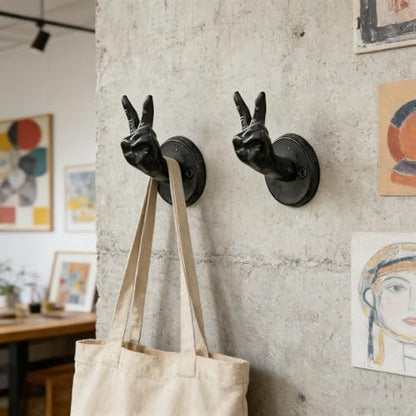 Heavy Duty Black Cast Iron Wall Hooks, 2 Pack, Peace Sign Hand Shape Wall Mounted Hangers, Sturdy Coat Hooks for Entryway, Bathroom, Bedroom, for Towels, Robes, Keys, Hats, Bags - color: Victory