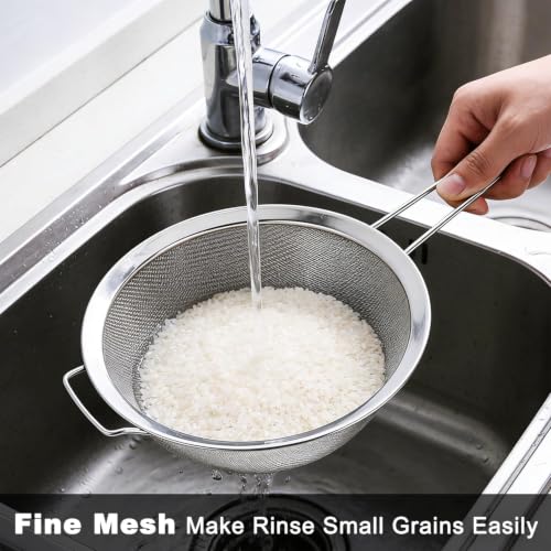 Large Fine Mesh Strainer, 8.7” Stainless Steel Strainers with Handle, Bonus 20x20 Inch Reusable Unbleached Cotton Cheese Cloths with 4 Hemmed Edges, Sieve Sifter for Straining, Cooking, Baking