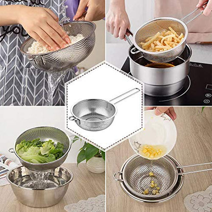 Stainless Steel Fine Mesh Colander with Long Handle, 6-Inch Metal Food Strainer with Resting Feet, Micro-Perforated Colander Metal Kitchen Strainer for Fried Food Vegetable Fruit(silver)