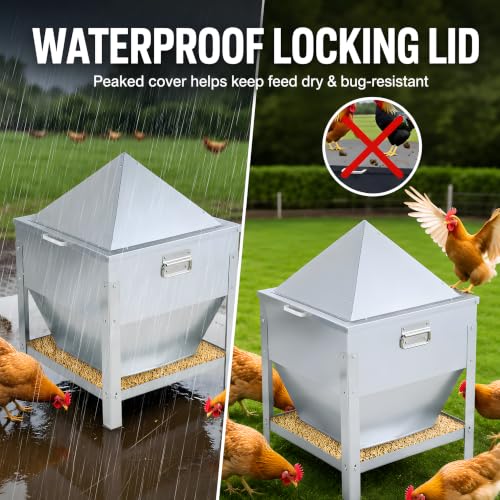 80LBS Large Metal Chicken Feeder, Galvanized Steel Gravity Chicken Feeder with 4-Sided Trough, No Waste Design, Waterproof Locking Lid, Heavy Duty Automatic Outdoor Poultry Feeder for Backyard & Farm