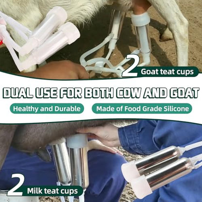 2in1 Cow & Goat Milking Machine 7L Rechargeable Portable Pulsation Milker | Upgrade 7L Food-Grade 304 Stainless Steel Bucket,Vacuum Pump Continuously Adjustable Pulsation Milker with 4 Teat Cups
