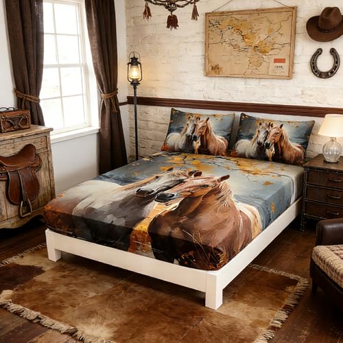 White Brown Horses Bedding Queen Size,1 Fitted Sheet+2 Pillowcases. - color: Yellow-black, size: Queen