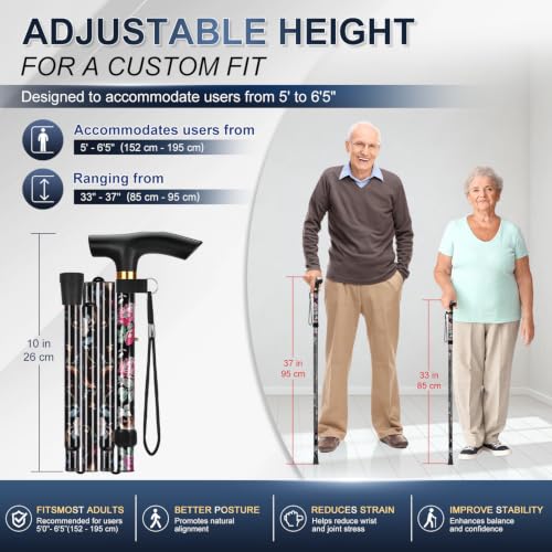 supregear Folding Cane, 5-Level Adjustable Height Walking Stick Lightweight Collapsible Portable Travel Cane with Wrist Strap and T Handle for Elderly Disabled Men Women - color: Black Floral