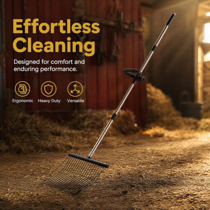 Manure Rake, Heavy Duty Steel Handle Rake, 53.5 in Long Reach