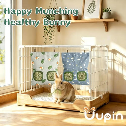 Rabbit Hay Bag 2 Pack - 2 Holes Hanging Bunny Hay Feeder Holder | Guinea Pig Hay Feeder with Metal Hooks, Oxford Cloth Feeding Bag Storage for Chinchillas and Small Animals (Blue Gray) - color: Blue Gray
