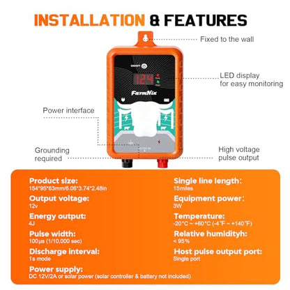 12KV DC AC Powered Electric Fence Charger, 15 Miles 4 Joules, LED - color: Orange