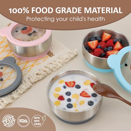 MR. CHOU Baby Bowls with Non-Slip Silicone Suction Cup, Insulated Double-Layer 18/8 Stainless Steel Toddler Bowls with BPA Free Airtight Lids, Food-Grade Silicone Safe for Kids (Gray) - color: Gray