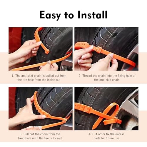 12 PCS Car Snow Tire Chains, Spiral Anti-skid Traction Straps, Portable Adjustable Zip Tie Tire Chains, Universal Emergency Accessory for Cars SUVs Trucks (Orange)