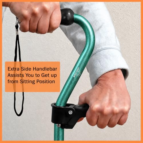 Walking Cane with 4 Prongs and Extra Side Handle – Adjustable, for Balance & Stability for Adults, Seniors, and Injured. - color: Green
