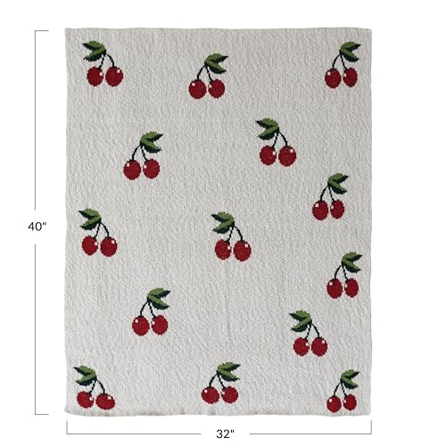 Creative Co-Op Cotton Knit Baby Blanket with Cherry Print, Cream with Red and Green - color: Cherries, size: 40" L x 32" W