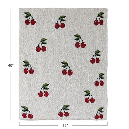 Creative Co-Op Cotton Knit Baby Blanket with Cherry Print, Cream with Red and Green - color: Cherries, size: 40" L x 32" W