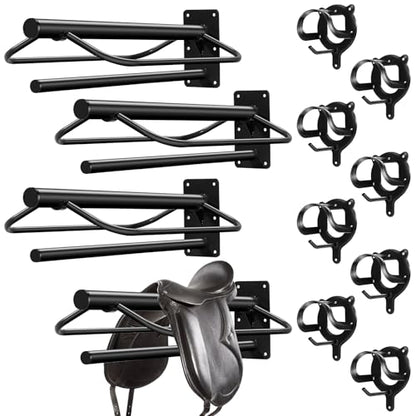 Paterr 12 Pack Saddle Rack Wall Mount with Pad Bar Horse Bridle Rack Metal Bracket Bridle Hooks Detachable Portable Saddle Stand Tack Storage for Western Horse Trailer Stall Supplies Accessories
