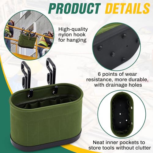 Vesici 2 Set Military Green Canvas Bucket Bag Including Hooks Aerial Oval Lineman Tool Bucket with Black Polypropylene Bottom 15 Pockets Tool Organizer for Industrial Maintenance Construction Sites - color: Military Green