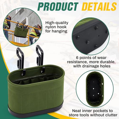 Vesici 2 Set Military Green Canvas Bucket Bag Including Hooks Aerial Oval Lineman Tool Bucket with Black Polypropylene Bottom 15 Pockets Tool Organizer for Industrial Maintenance Construction Sites - color: Military Green