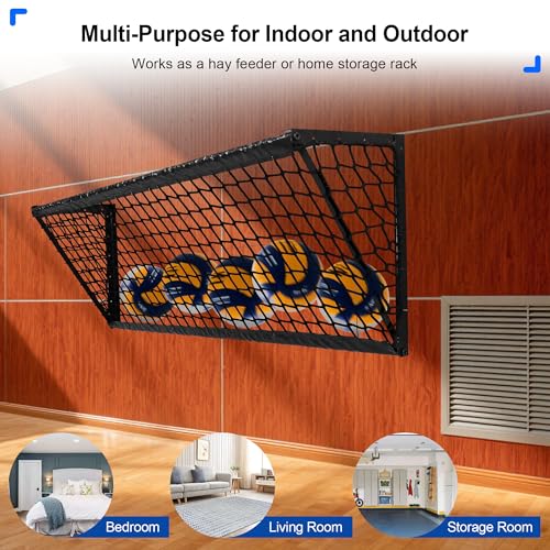Upgraded Hay Feeder for Goats with Net, 63Inch Long Wall Hay Rack with 50Gallon Large Capacity, Blanket Hay Holder, Heavy Duty Metal Livestock Feeders Frame with Hay Net Side for Horses Farm Sheep