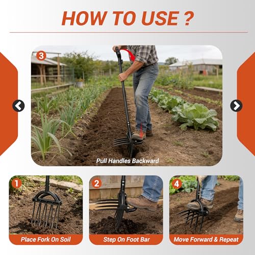 Broad Fork Garden Tool, Heavy Duty 5+4 Sharp Tines BroadFork Hand Tiller Garden Pitchfork with Ergonomic Handles for Spading Digging Fork Gardening Cultivating Composting and Loosening