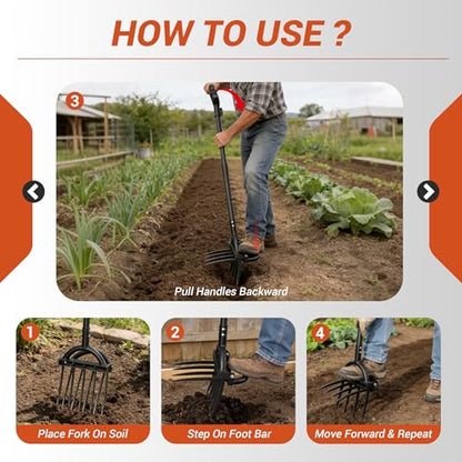 Broad Fork Garden Tool, Heavy Duty 5+4 Sharp Tines BroadFork Hand Tiller Garden Pitchfork with Ergonomic Handles for Spading Digging Fork Gardening Cultivating Composting and Loosening