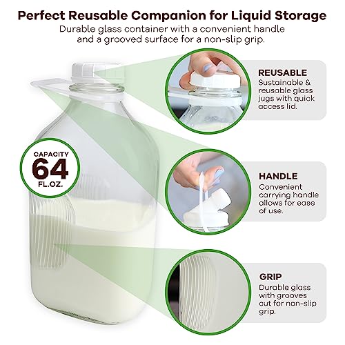 The Dairy Shoppe Heavy Glass Milk Bottle - Jug with Lid and Silicone Pour Spout - Clear Milk Container for Fridge - Reusable Glass Milk Jug Dispenser - Made in USA (64 oz, 1 Pack) - size: 64 Ounces