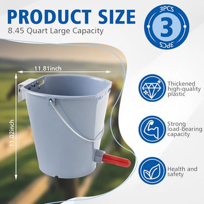 Sawysine 3 Pcs 8.45 Quart Calf Nursing Bucket, Single Teat Feeder with Metal Hanger, Hanging Calf Pail with Nipple Livestock Feeder for Over The Fence, Stall, Barn, Cowshed/Cattle Housing - color: Single Teat
