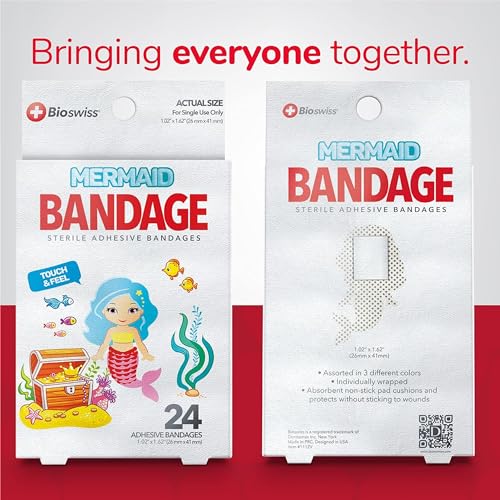 BioSwiss Bandages, Mermaid Shaped Self Adhesive Bandage Set, Latex Free, Sterile Wound Care, 24 Count - color: Mermaid, size: 24-Count Box