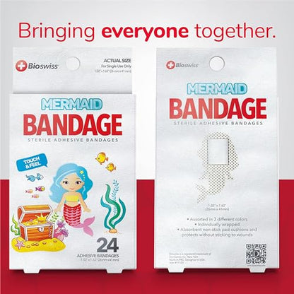 BioSwiss Bandages, Mermaid Shaped Self Adhesive Bandage Set, Latex Free, Sterile Wound Care, 24 Count - color: Mermaid, size: 24-Count Box