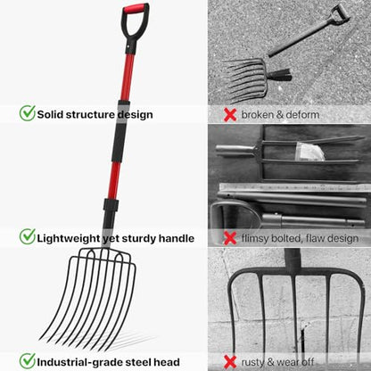 COSITA Pitch Fork for Garden, Wide Pitchfork with 10 Metal Tines, Heavy Duty Garden Fork with Fiberglass Handle 44-Inches, Chicken Coop Pitchforks for Manure, Mulching, Composting, Red