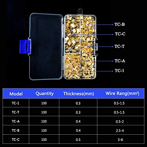500 Pcs U Shape Copper Ring Terminals Crimp Kit - Non-Insulated Assortment Cable Wire Spade Electric Butt Connector Kit